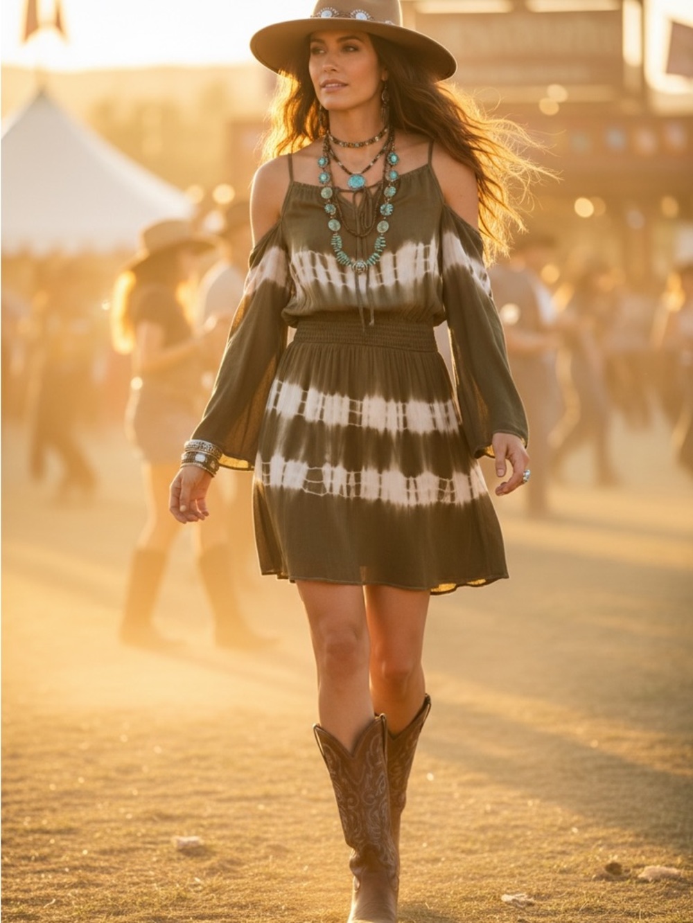 Amoret bohemian western olive tie dye tank tunic bell sleeve dress 100% cotton
